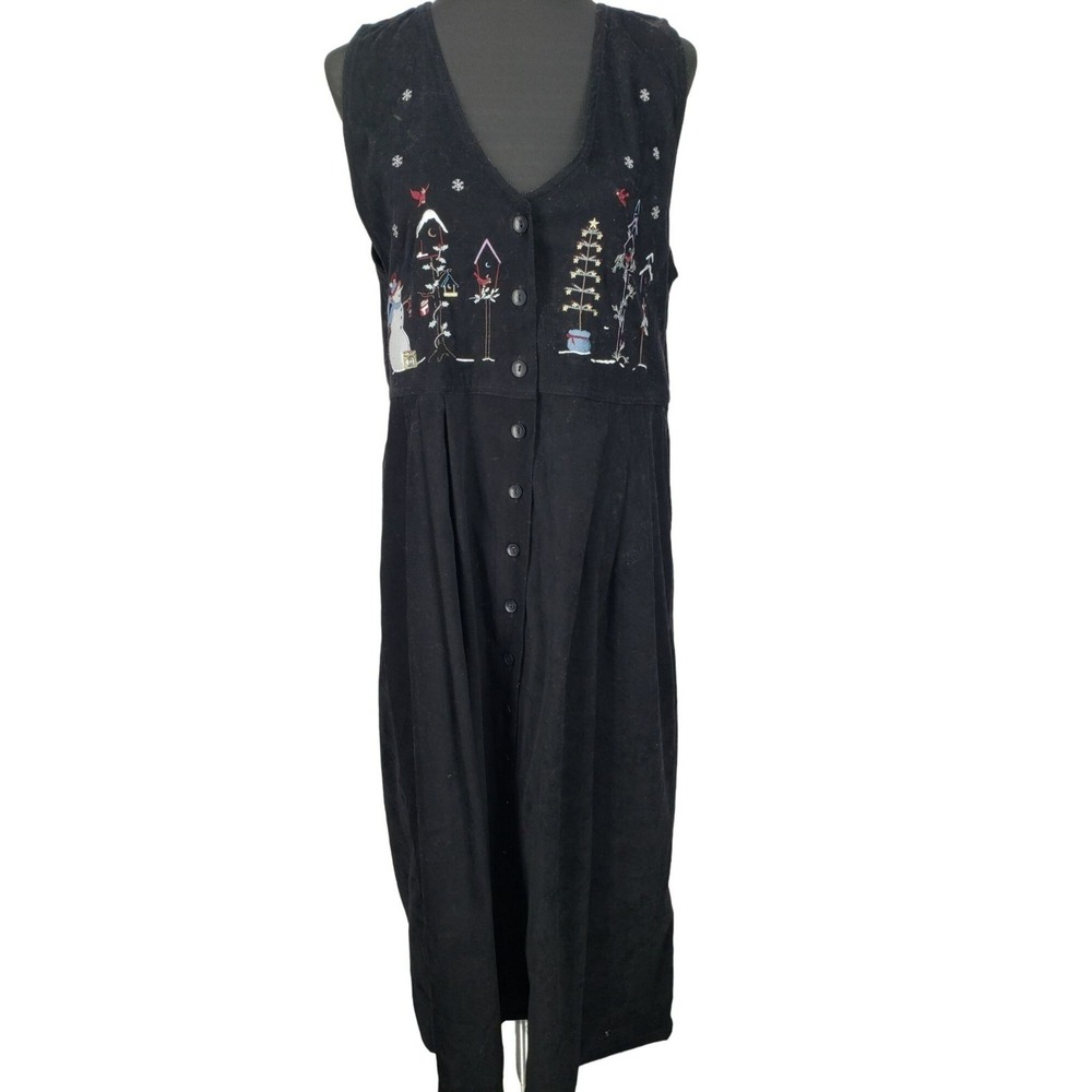 Christopher & Banks Black Faux Suede Winter Snowman Embroidered Maxi Dress Large